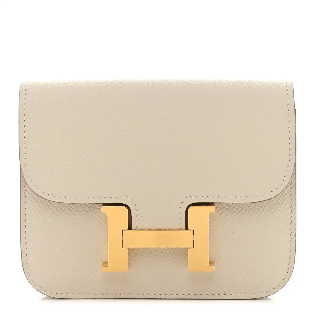 Slim wallet with flap and gold H clasp, light cream textured leather