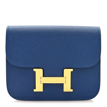 Blue Epsom leather slim wallet with gold H logo clasp on front