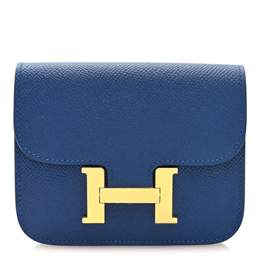 Blue Epsom leather slim wallet with gold H logo clasp on front