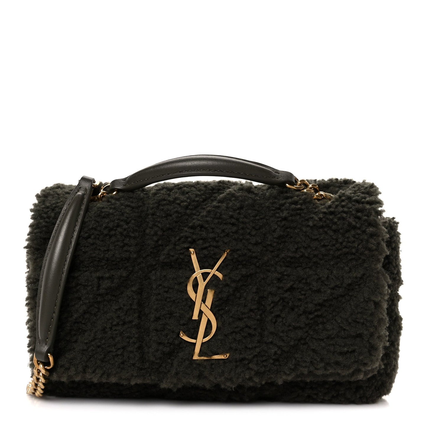 Saint Laurent shearling shoulder bag with gold YSL monogram and leather handle