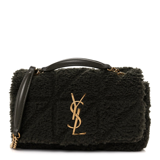 Saint Laurent shearling shoulder bag with gold YSL monogram and leather handle