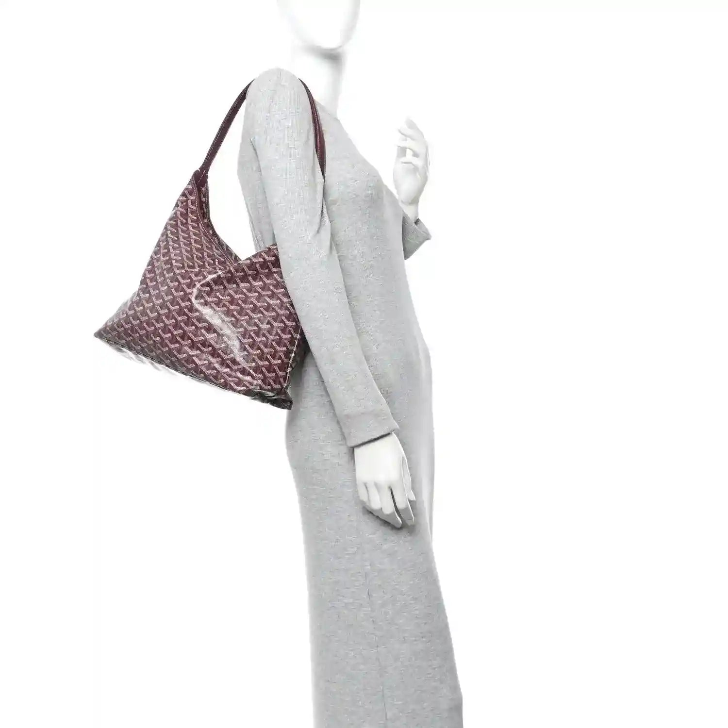 Burgundy Goyardine-pattern hobo shoulder bag with long handles in a hanging pose