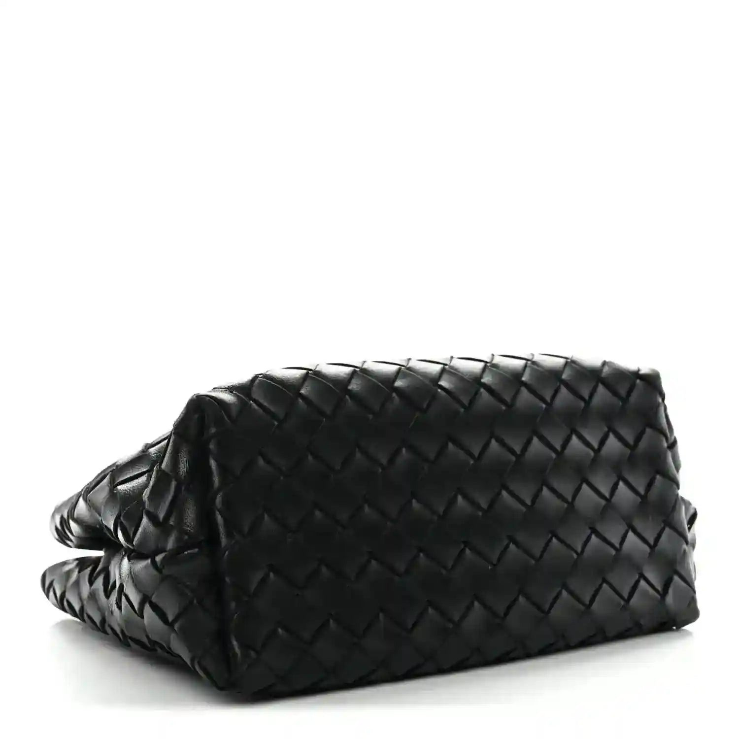 Black woven leather shoulder bag with braided strap and rounded top silhouette