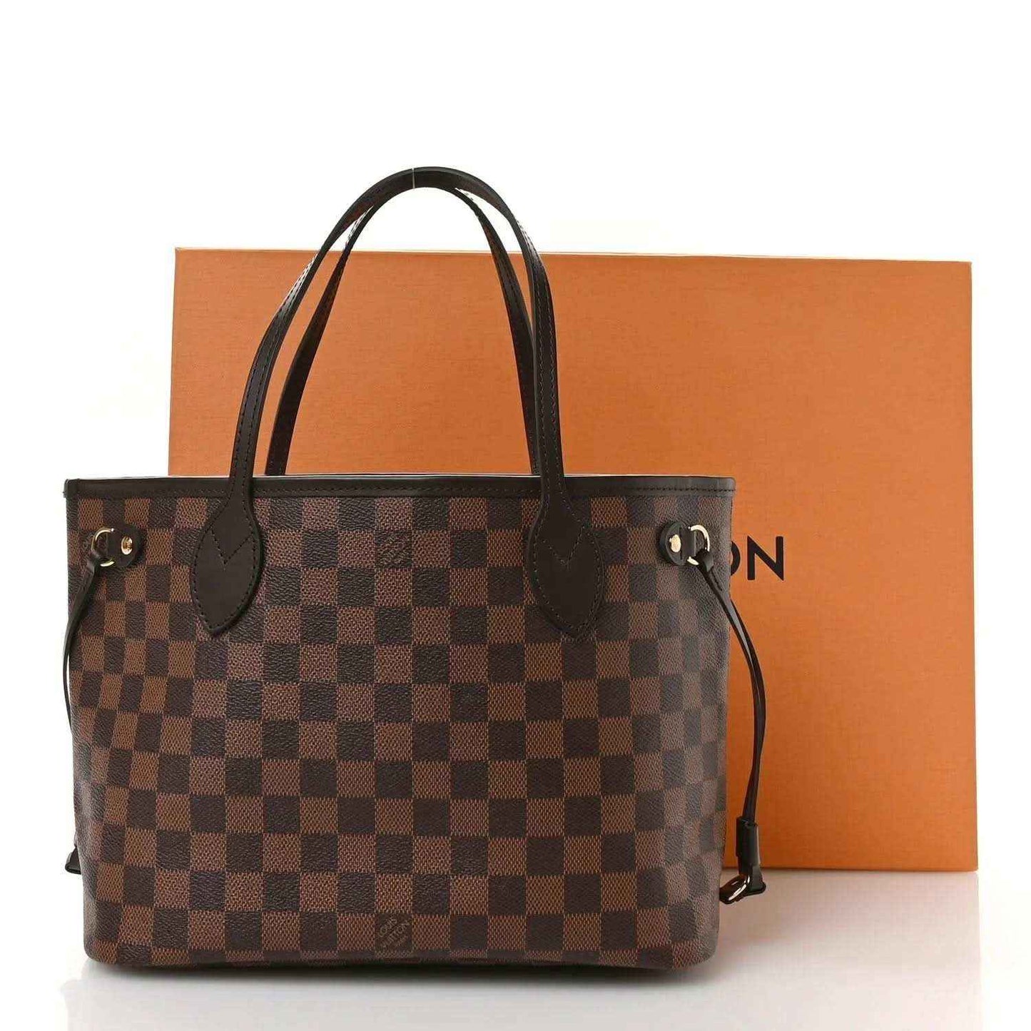 Louis Vuitton Damier Ebene Neverfull PM tote bag with leather handles and drawstring pouch cord