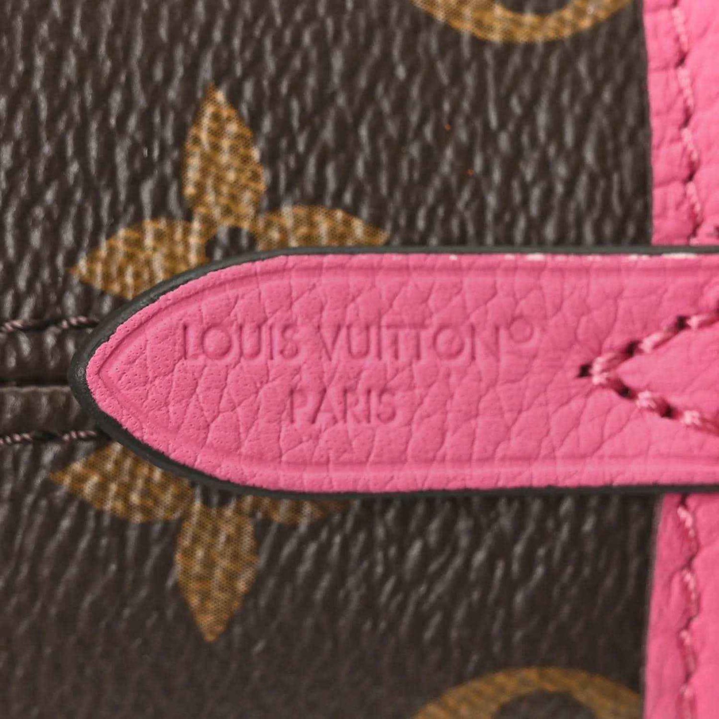 Louis Vuitton monogram inside pocket label on pink leather trim
