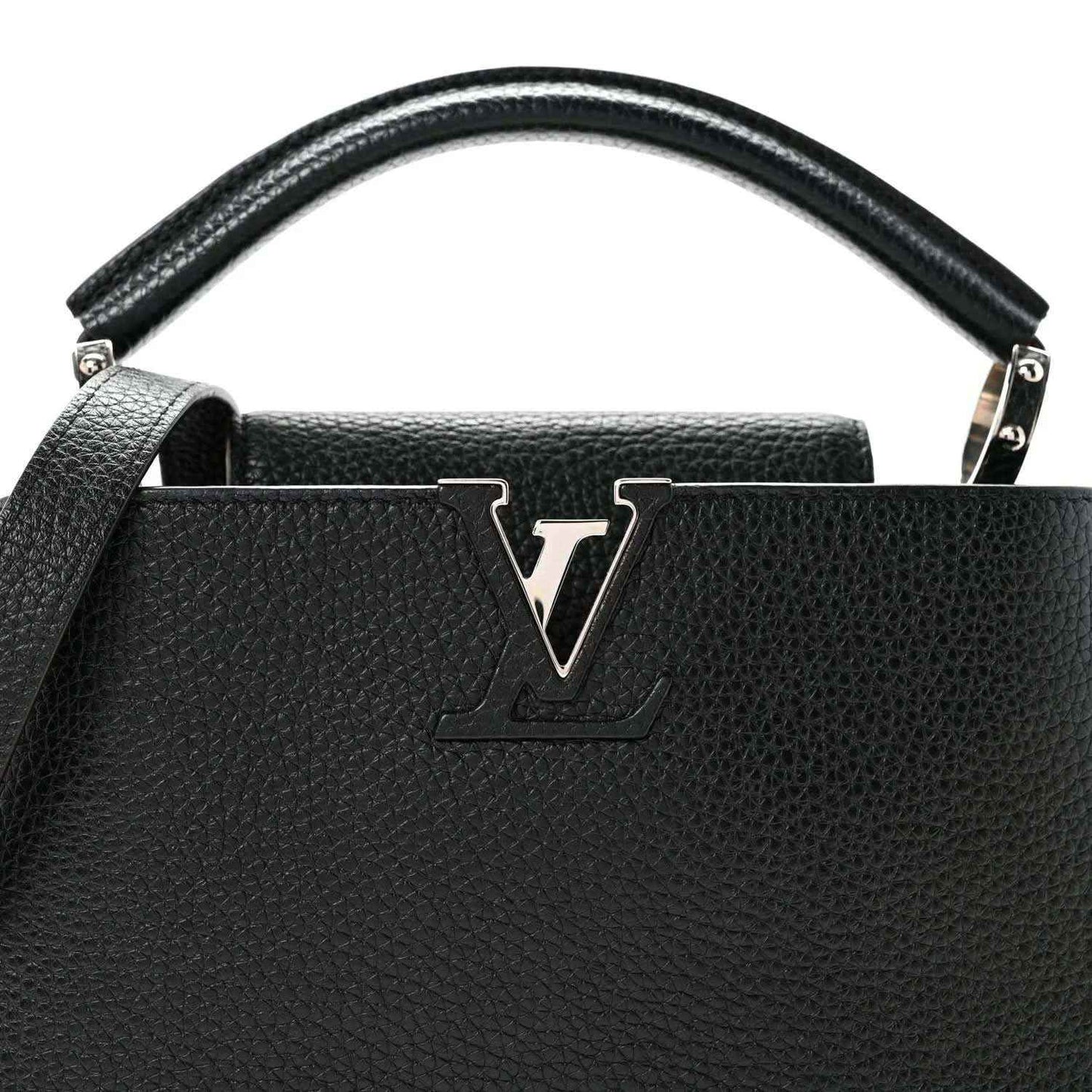 Louis Vuitton Capucines BB black leather top-handle bag with large LV logo