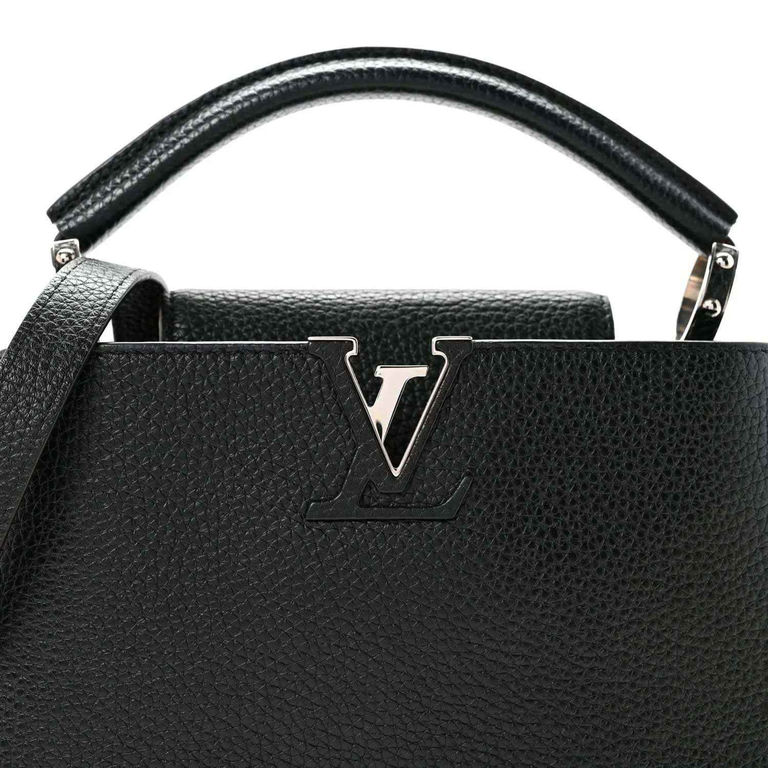 Louis Vuitton Capucines BB black leather top-handle bag with large LV logo