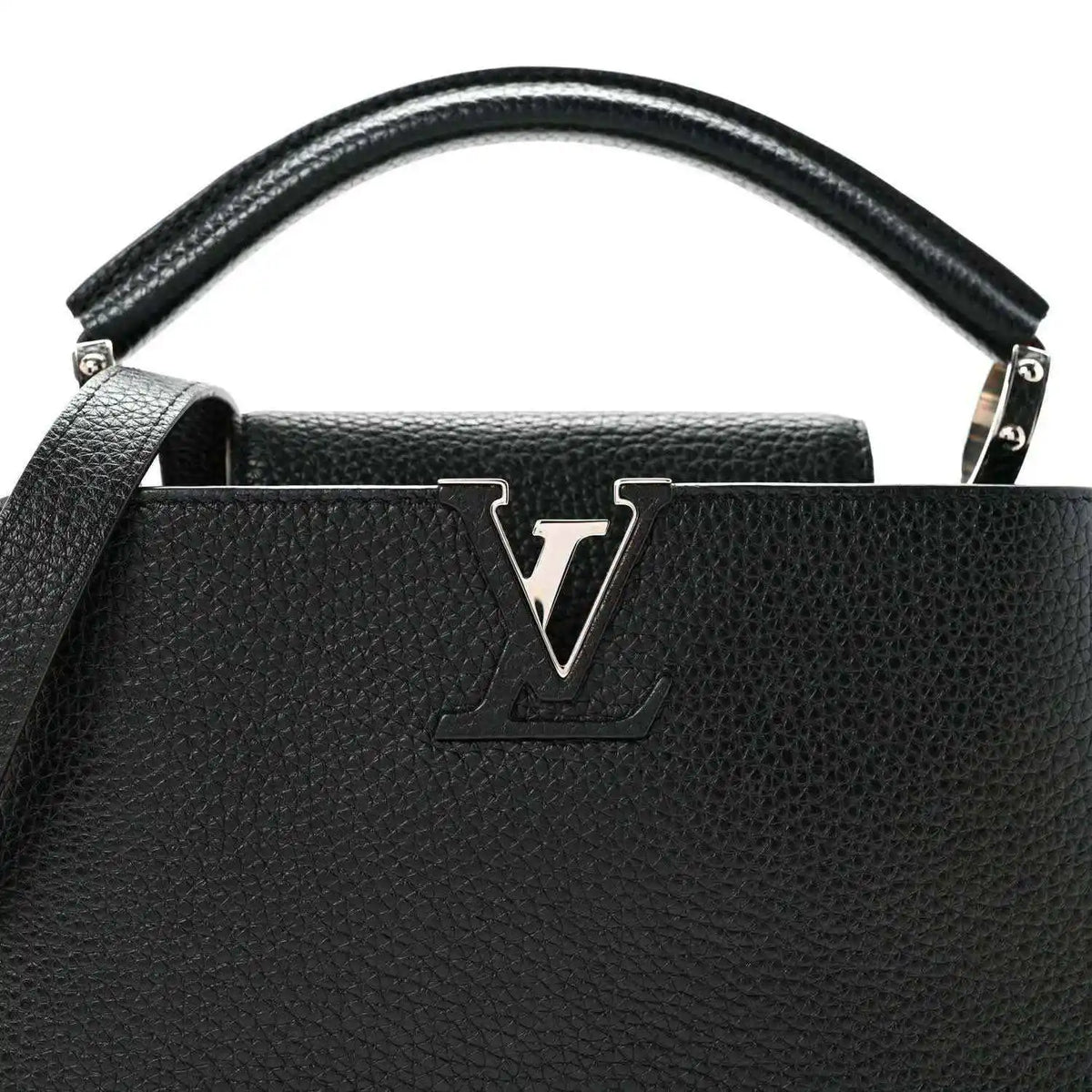 Louis Vuitton Capucines BB black leather top-handle bag with large LV logo