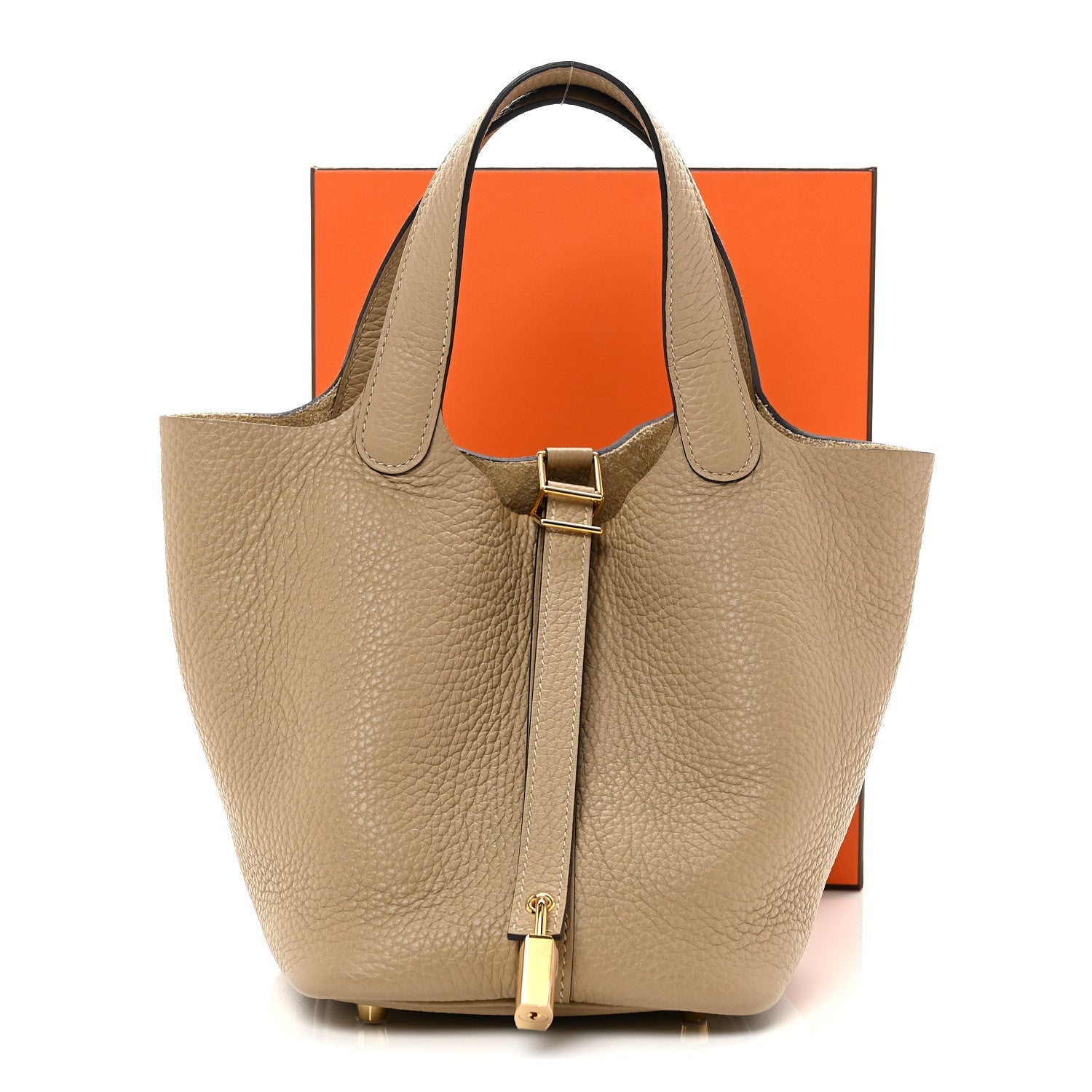 Beige grained calfskin bucket handbag with top handles and gold lock clasp.