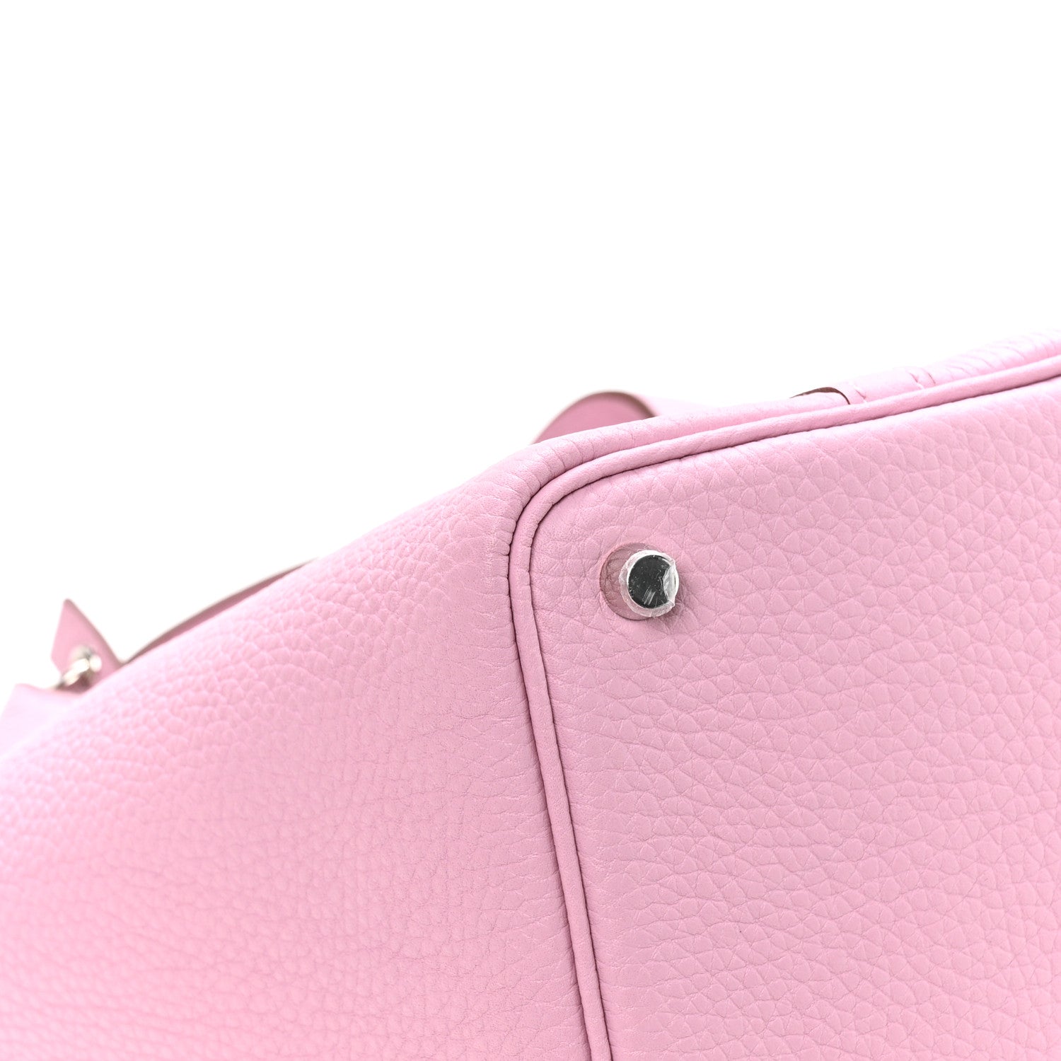 Rose Sakura pink pebbled leather handbag corner with metal stud and top edge