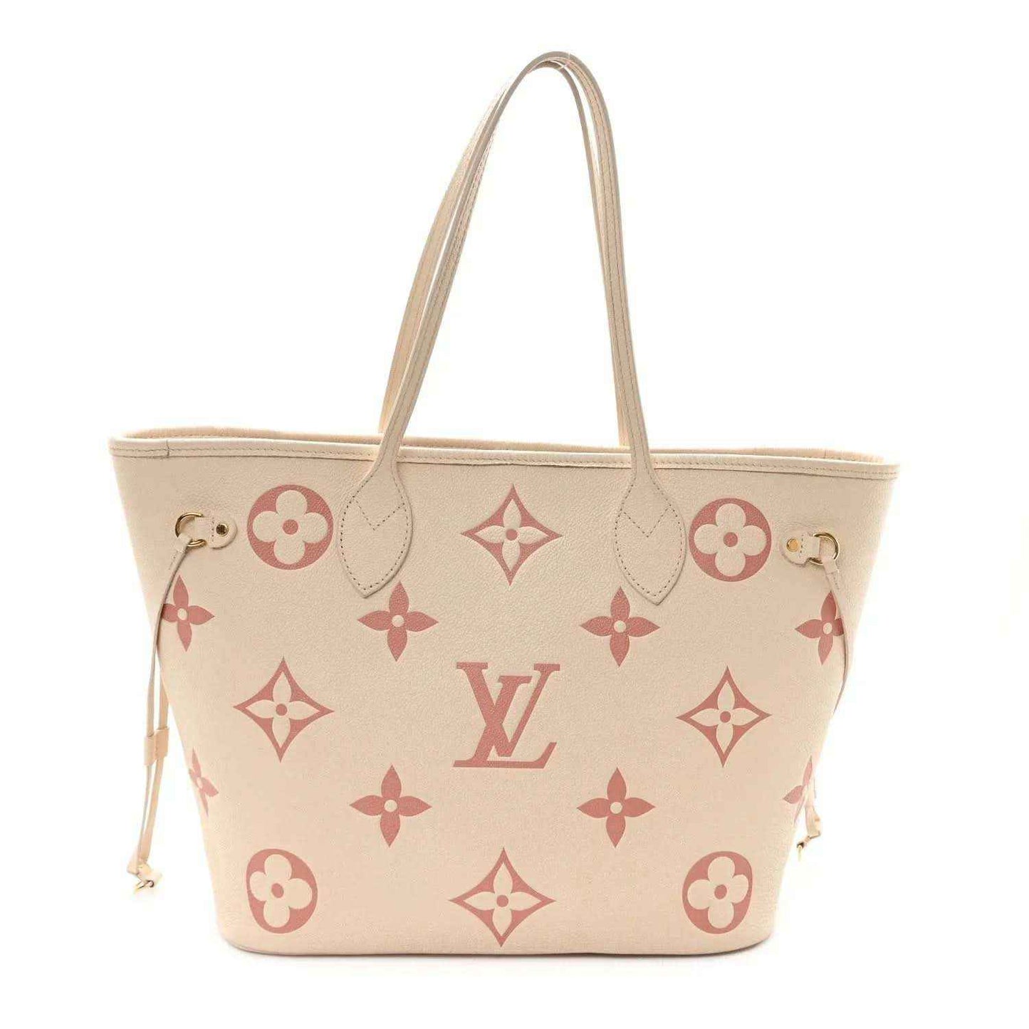Louis Vuitton Neverfull MM tote bag with rose monogram pattern, creme base, top handles