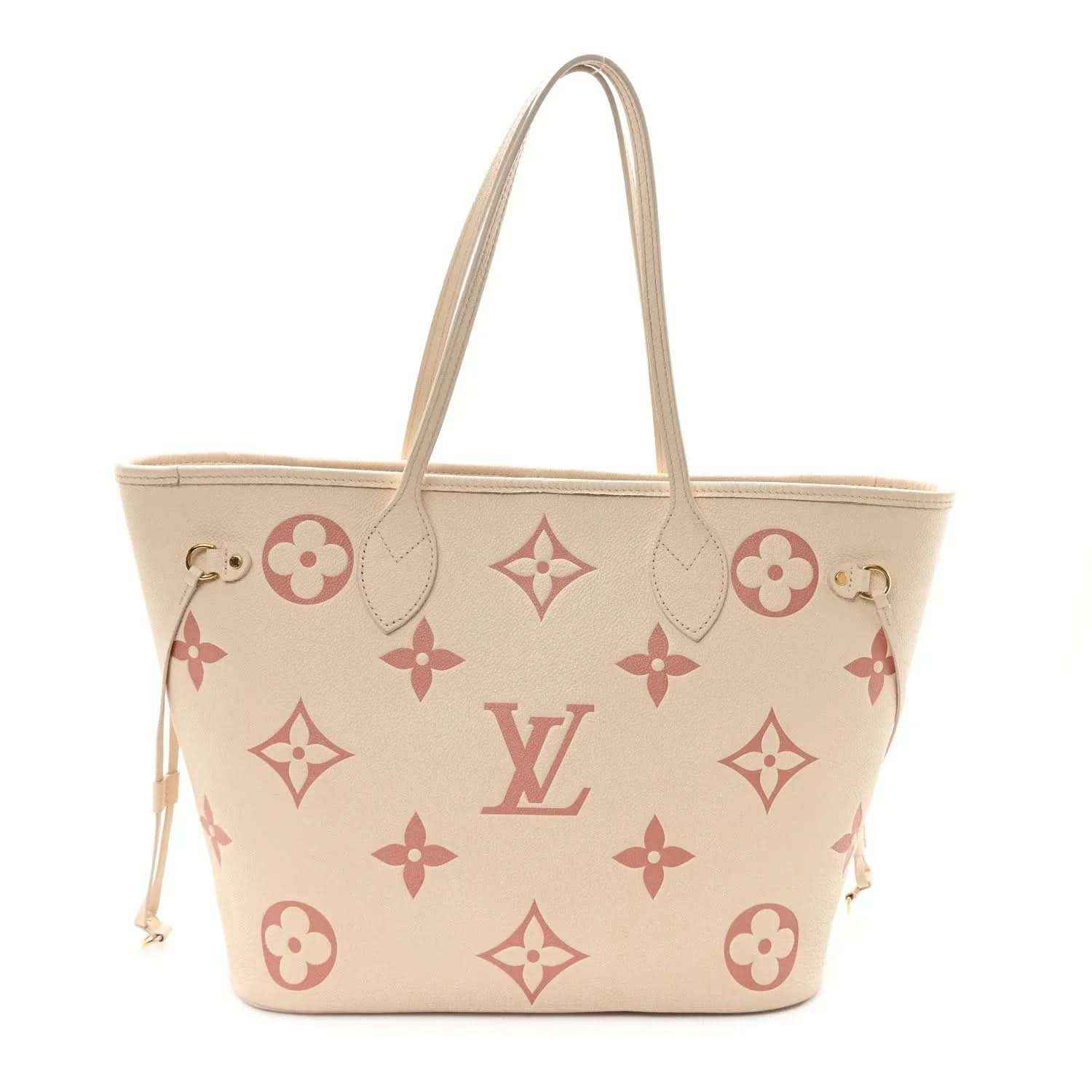 Louis Vuitton Neverfull MM tote bag with rose monogram pattern, creme base, top handles