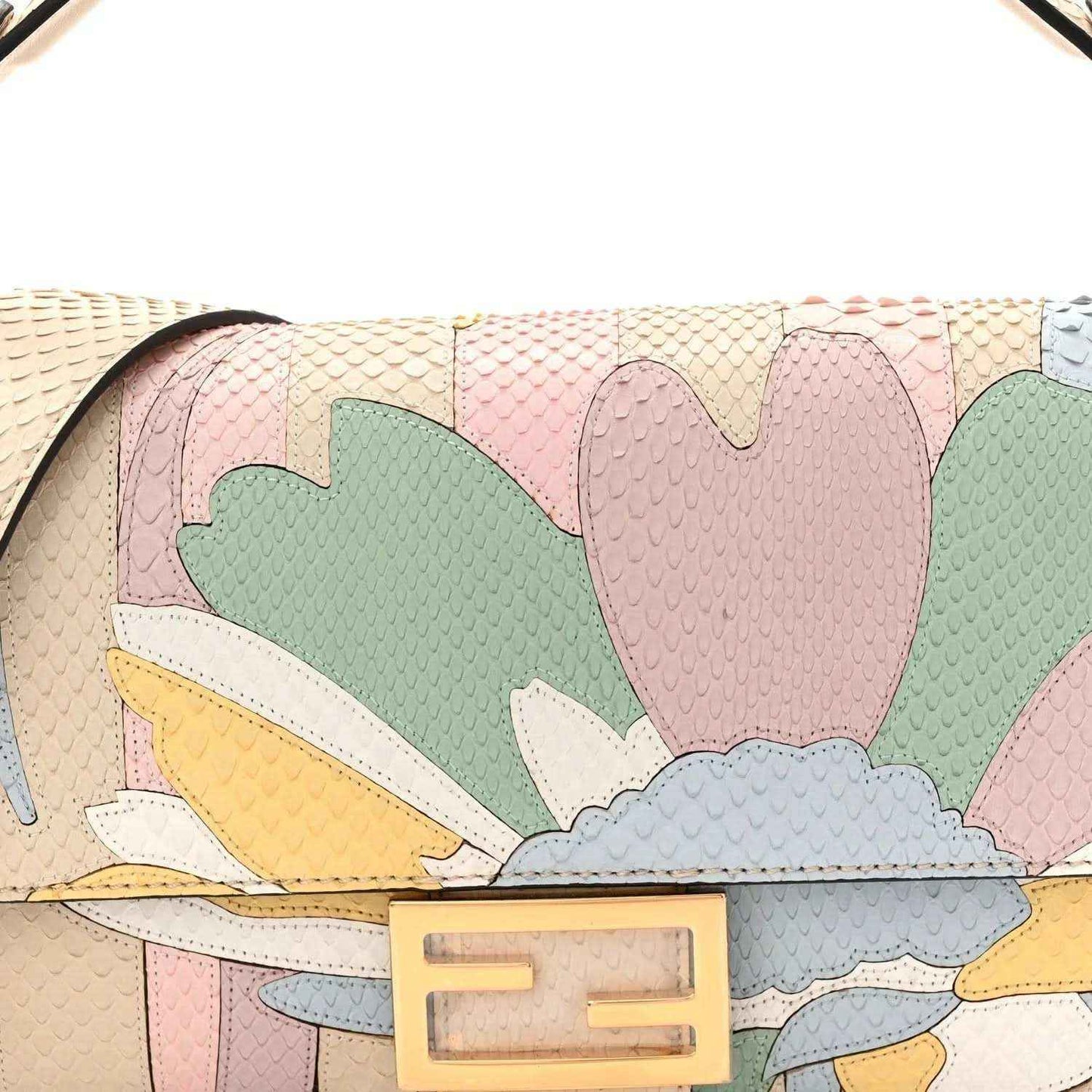 Fendi baguette handbag close-up of floral patch and gold-tone Baguette clasp