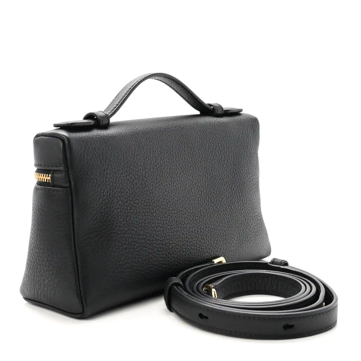 Loro Piana grained calfskin pouch, black, with top handle and crossbody strap