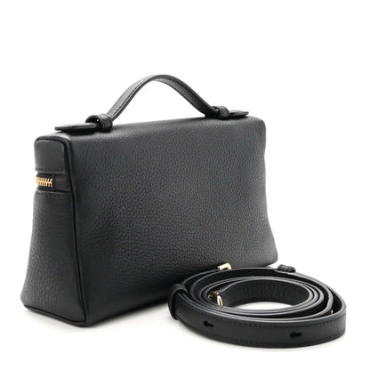 Loro Piana grained calfskin pouch, black, with top handle and crossbody strap