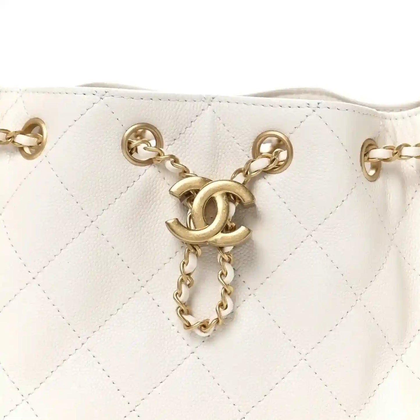 Pristine white mini quilted handbag with gold chain strap and CC clasp