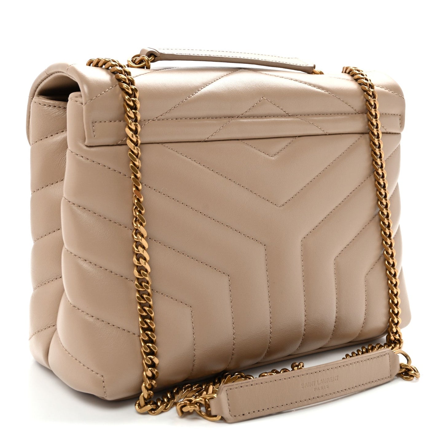 Quilted dark beige small satchel with gold chain strap and top handle