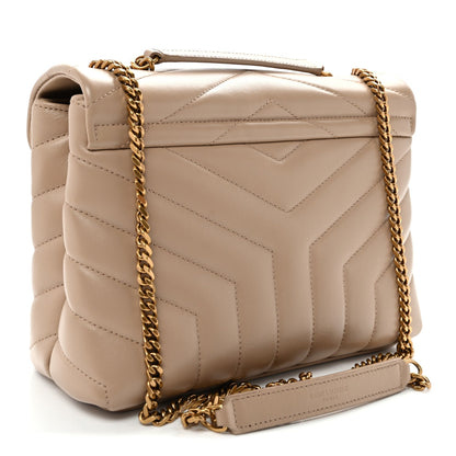 Quilted dark beige small satchel with gold chain strap and top handle