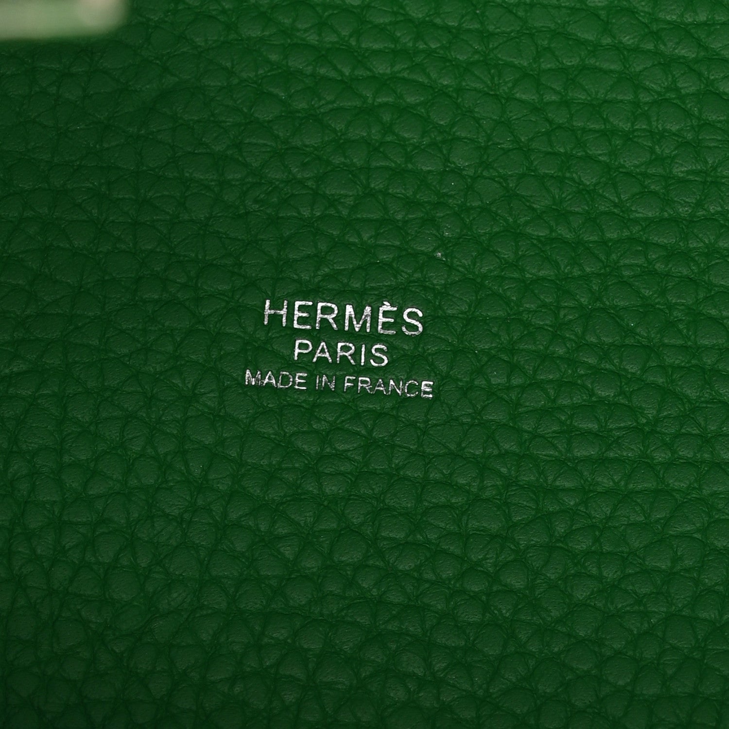 Green leather tote with Hermès Paris made in France stamp