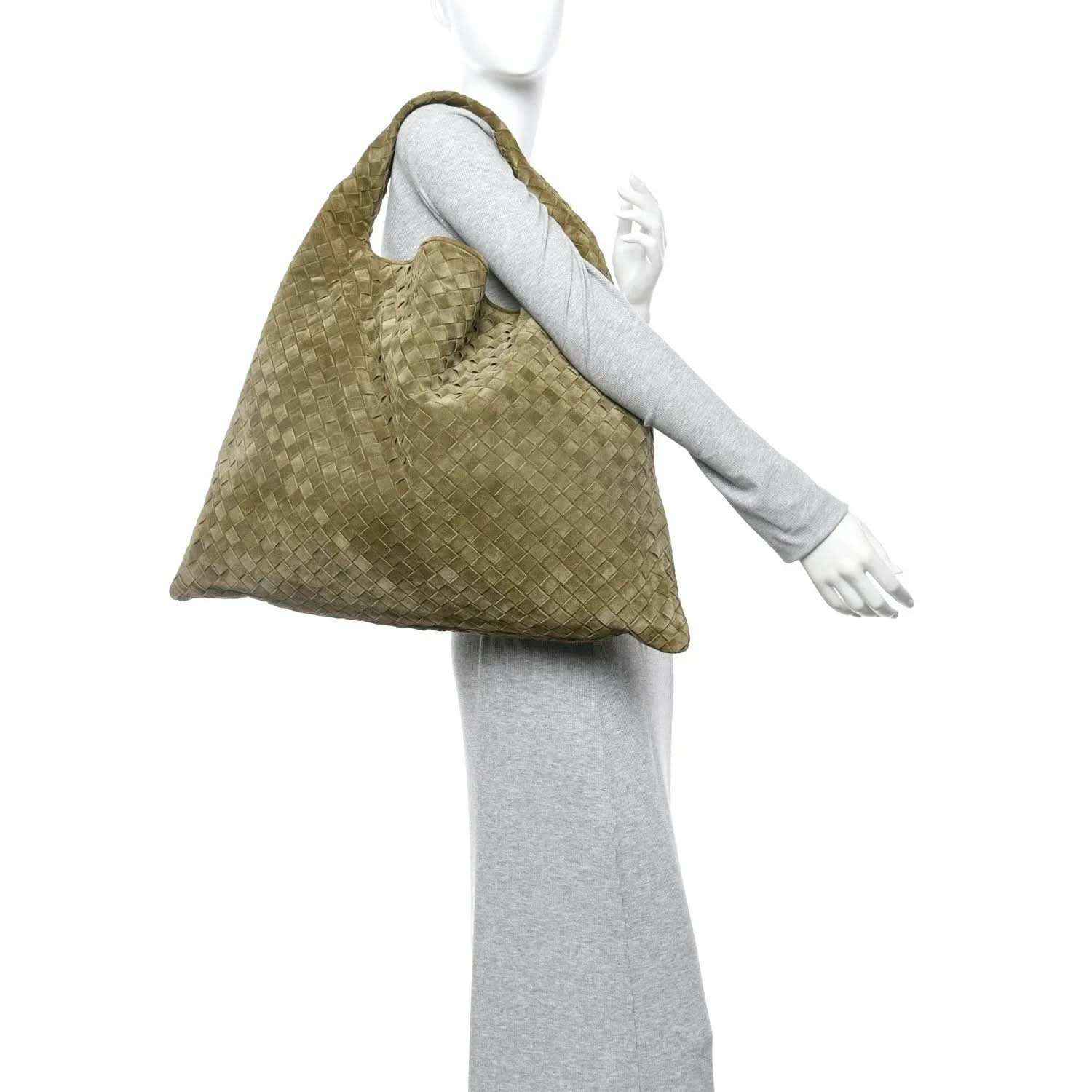 Suede intrecciato hobo bag in mud green, held by top handles