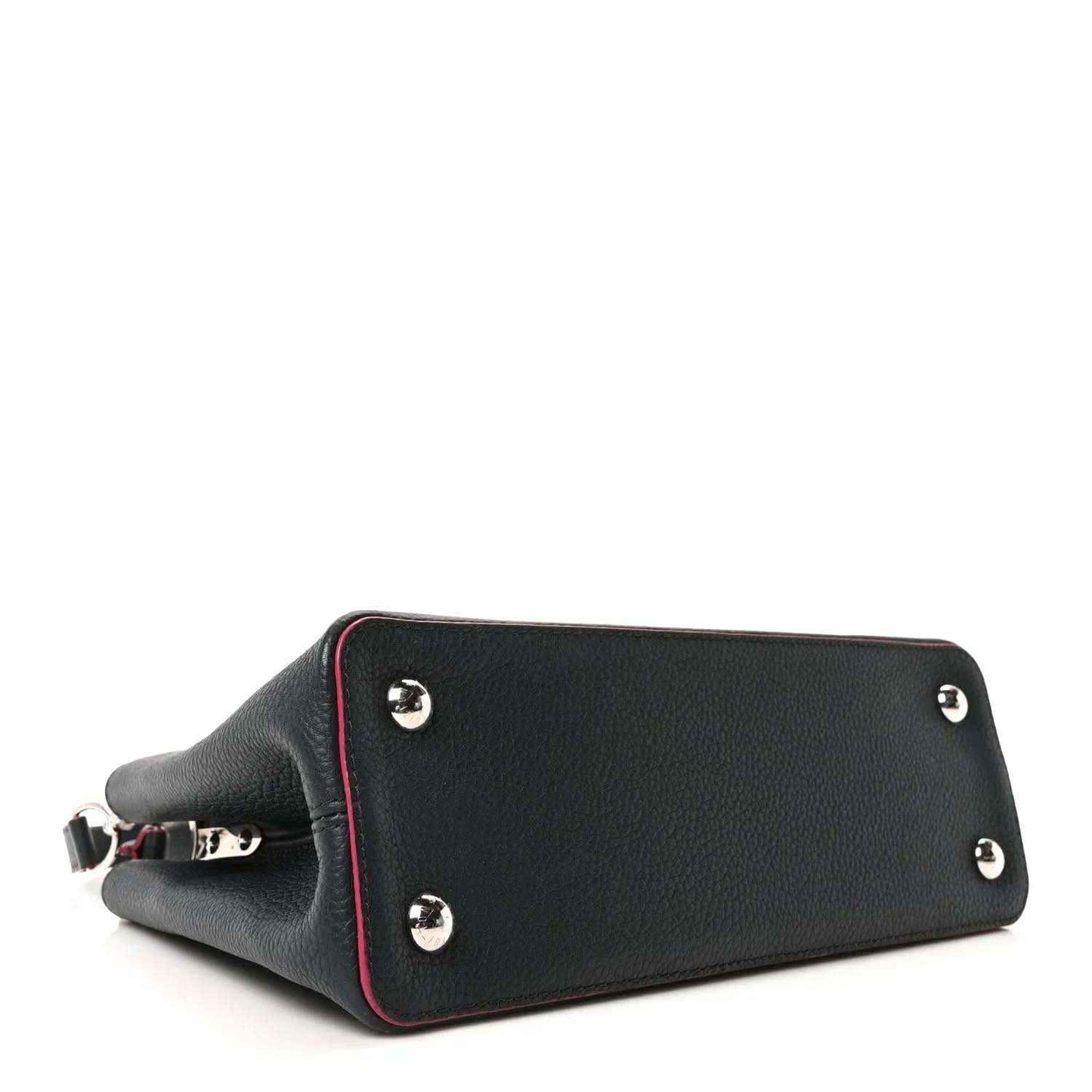 Louis Vuitton Capucines PM leather bag, dark blue body with fuchsia-edged panel and silver studs