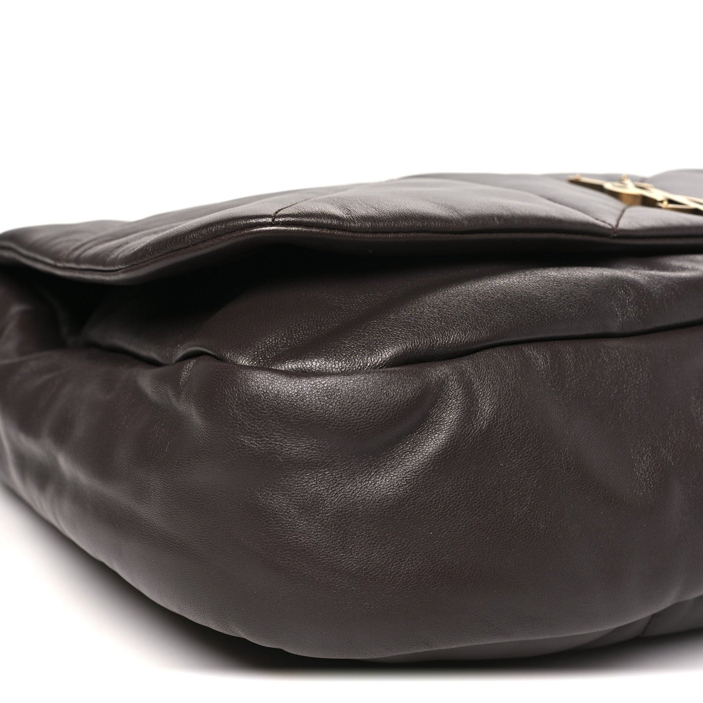 Saint Laurent lambskin quilted shoulder bag with curved top edge, dark brown.