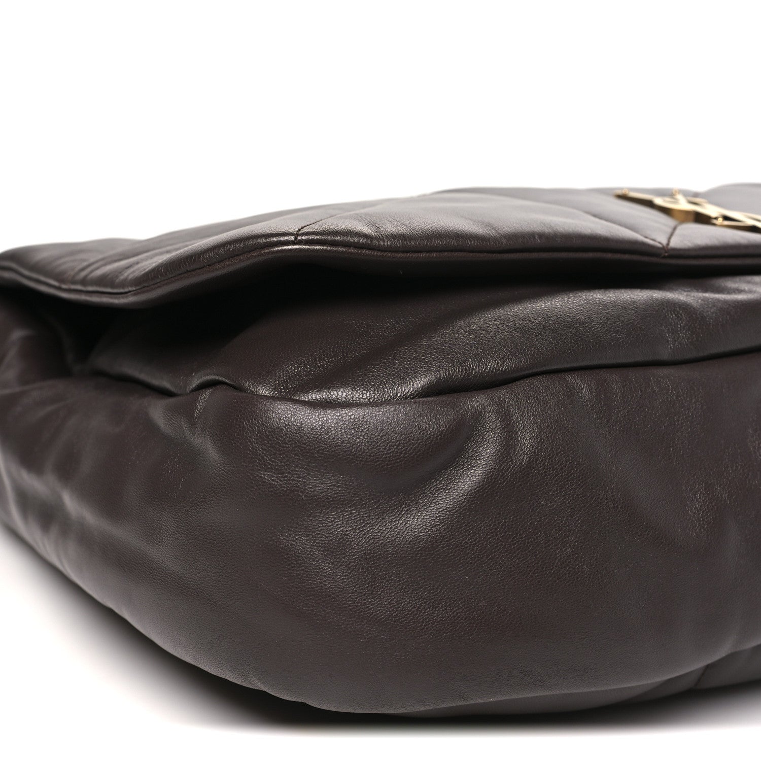 Saint Laurent lambskin quilted shoulder bag with curved top edge, dark brown.