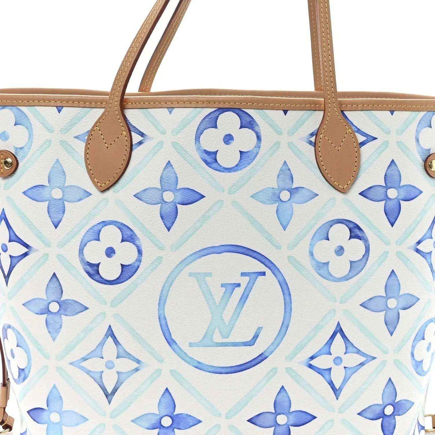 Louis Vuitton Neverfull tote front close-up in blue monogram tile with tan handles