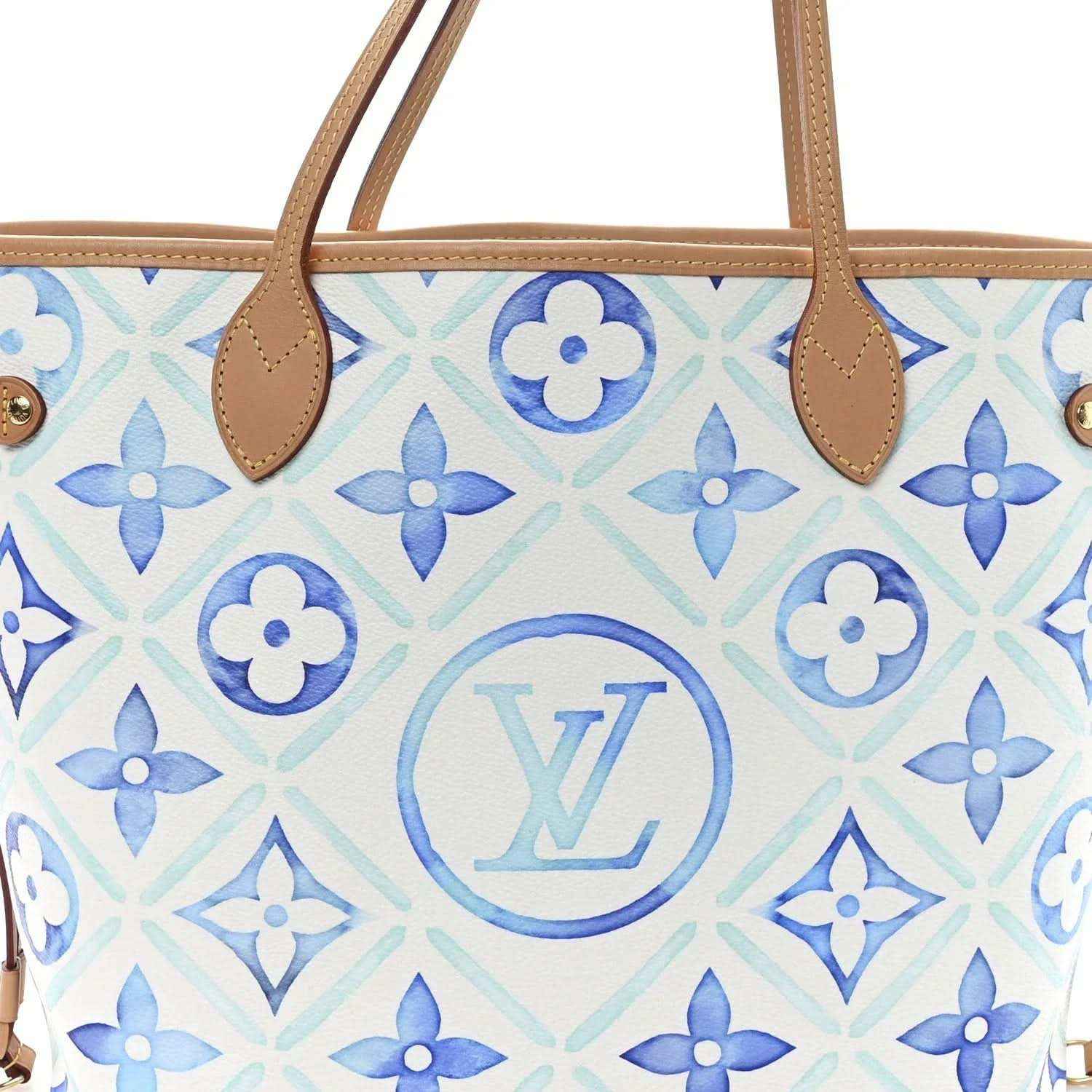 Louis Vuitton Neverfull tote front close-up in blue monogram tile with tan handles