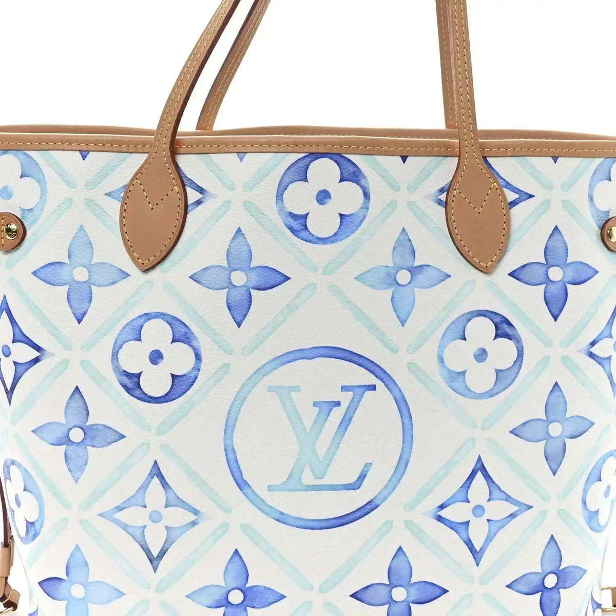 Louis Vuitton Neverfull tote front close-up in blue monogram tile with tan handles
