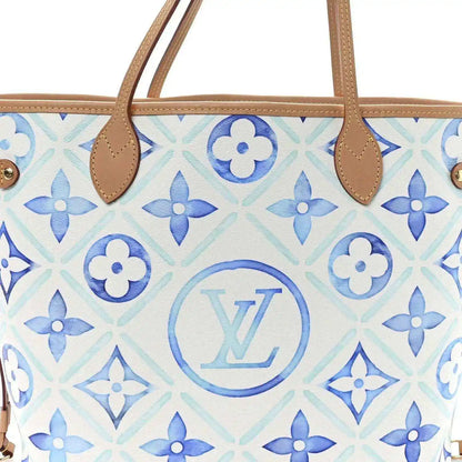 Louis Vuitton Neverfull tote front close-up in blue monogram tile with tan handles