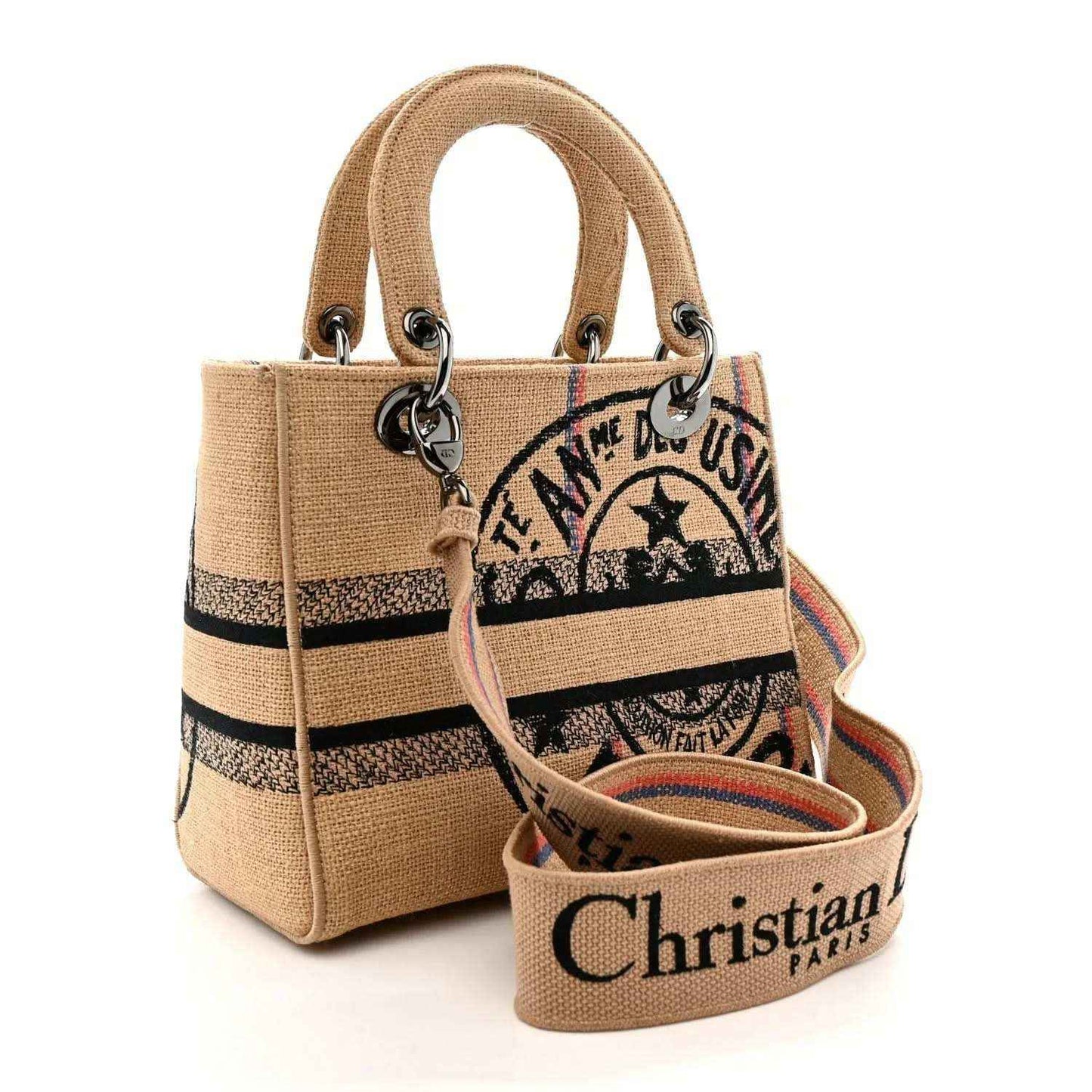 Beige embroidered jute tote bag with printed front panel and crossbody strap