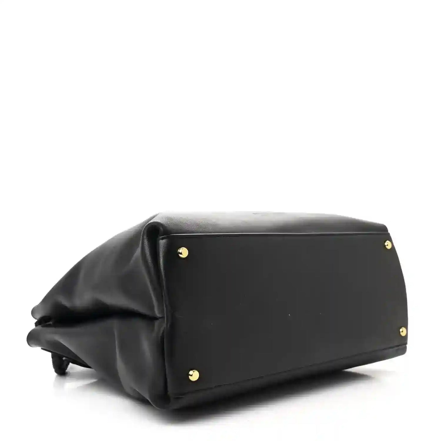Black leather shoulder bag with gold corner studs and structured base.