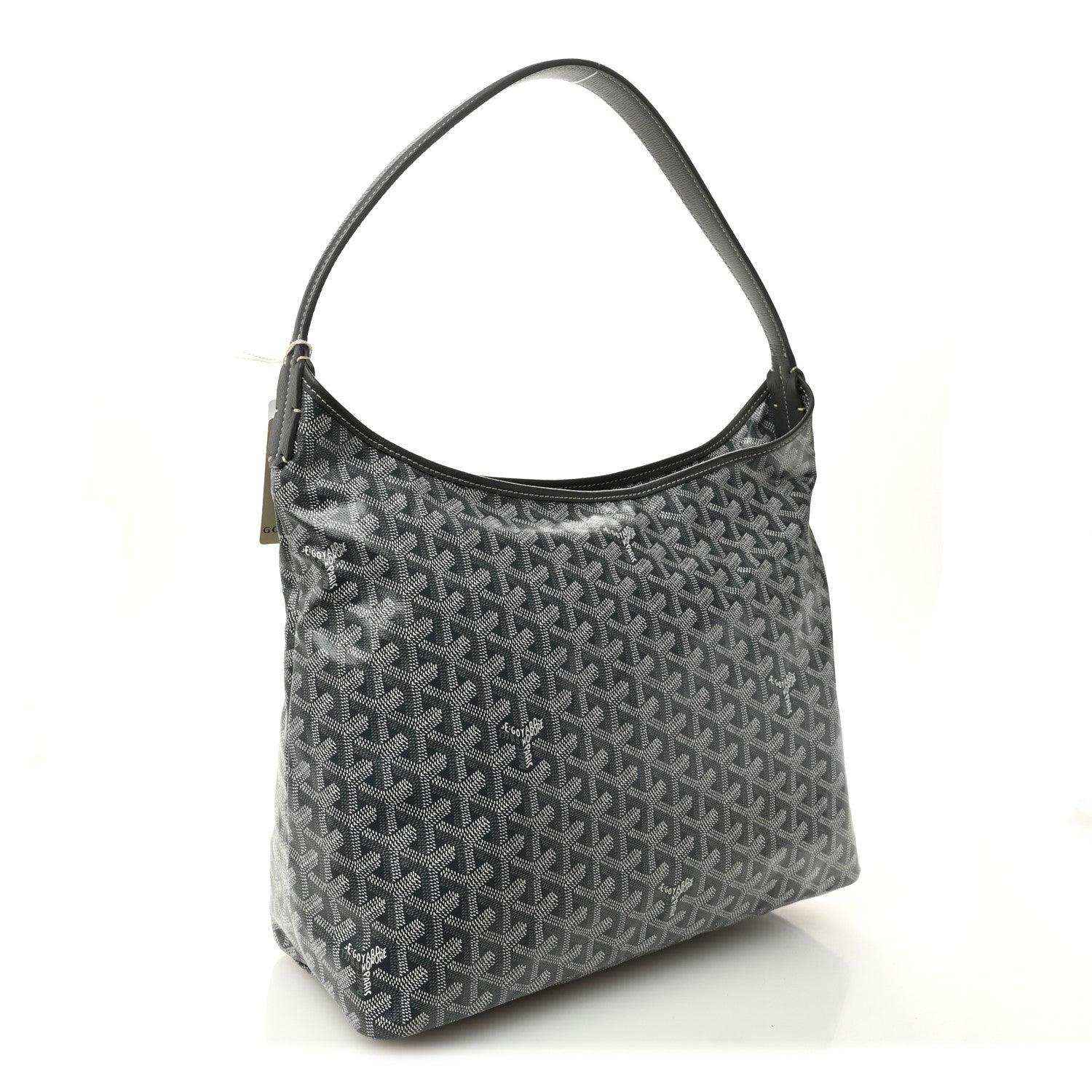 Grey canvas hobo bag with Goyardine pattern, slouchy shape and top handles