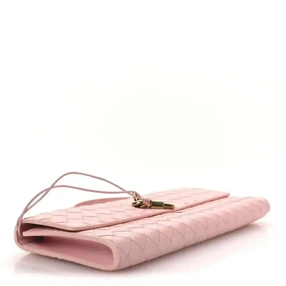Bottega Veneta Rose pink intrecciato nappa long clutch, side view with top handle