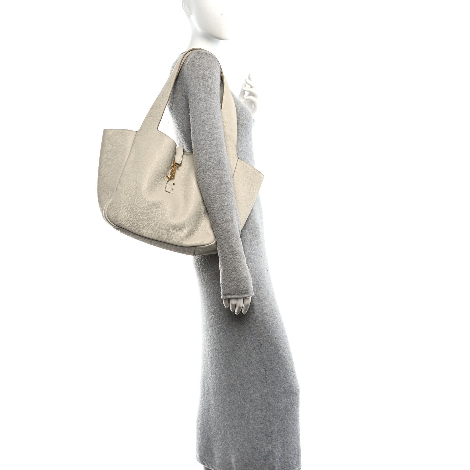 White grained leather tote bag with side profile and hanging scarf detail