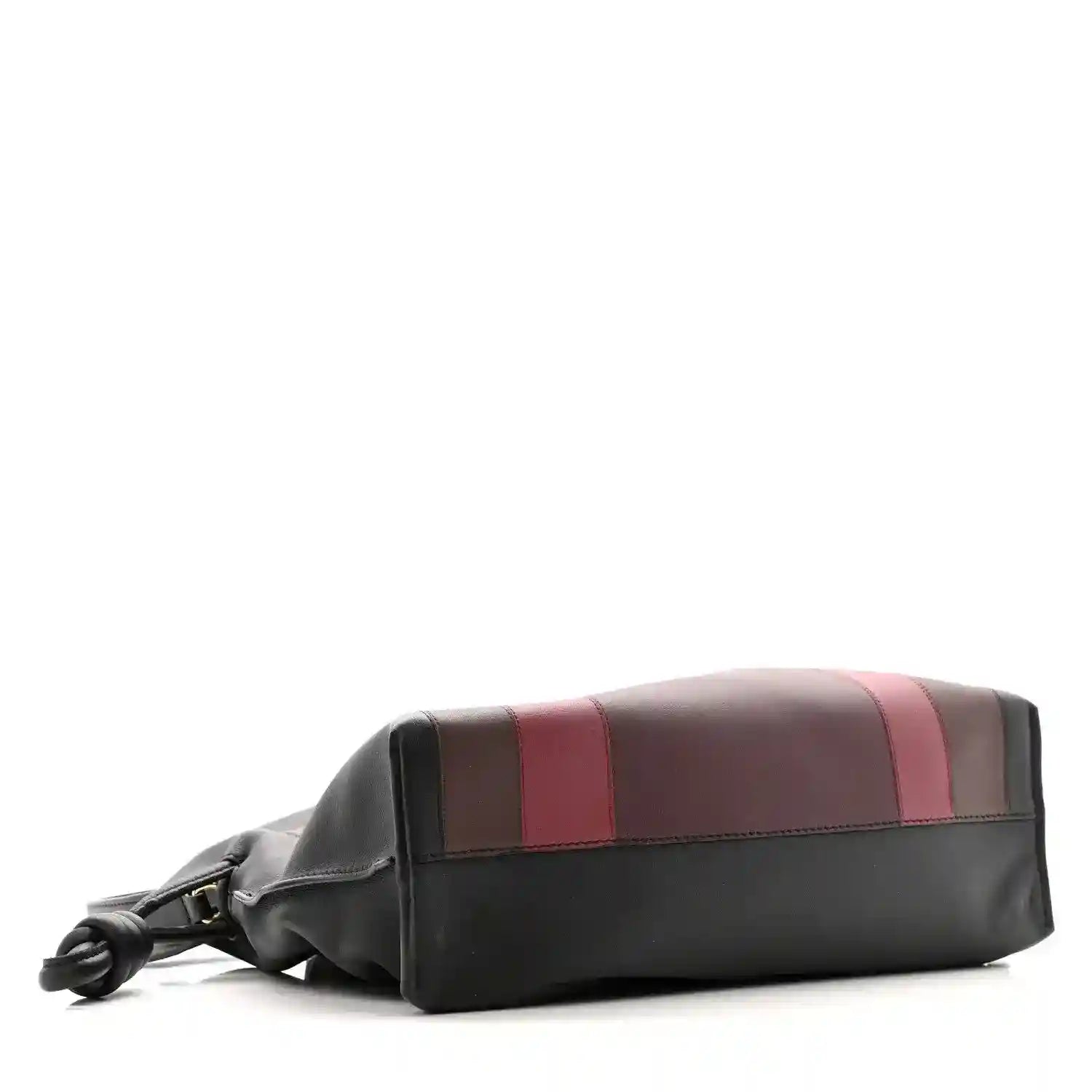 Black and burgundy Flamenco knot calfskin clutch, front angle with strap