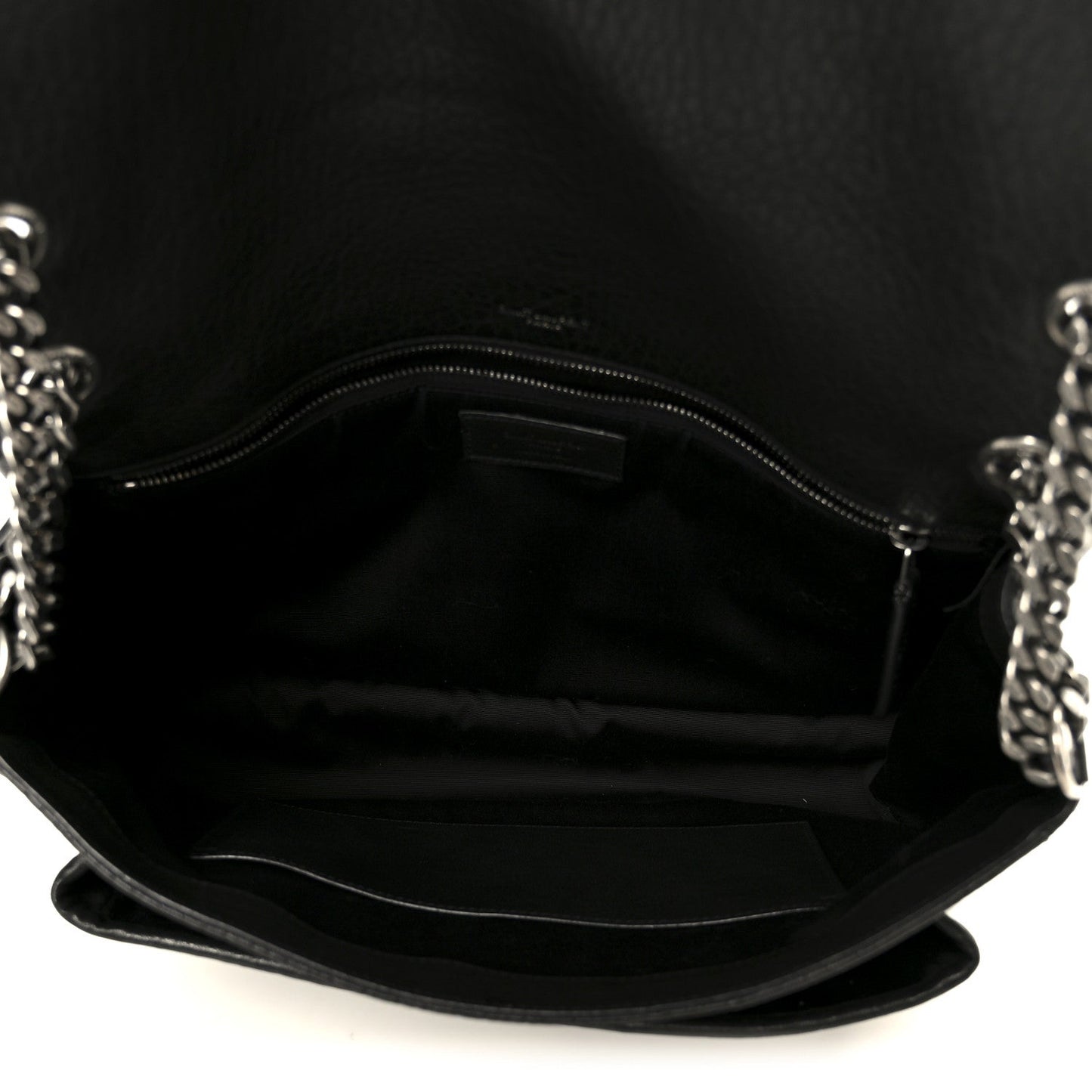 Black leather Niki chain satchel interior with zippered pocket