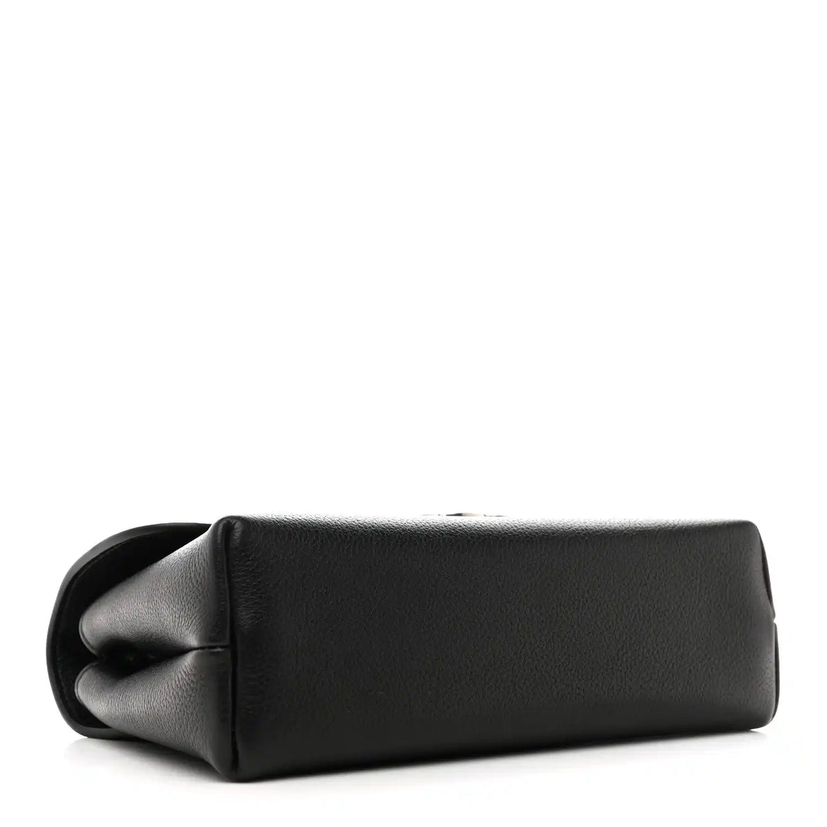 Black leather shoulder bag with rounded base and gathered flap detail