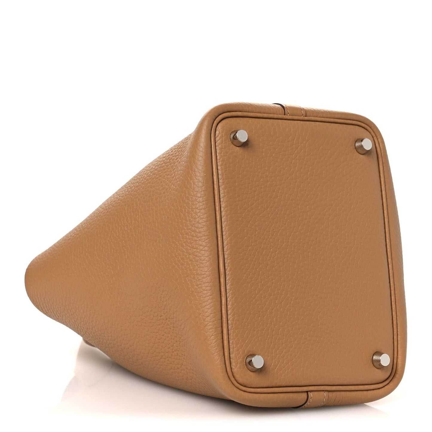 Tan textured leather bucket bag with silver lock studs and rounded side profile.
