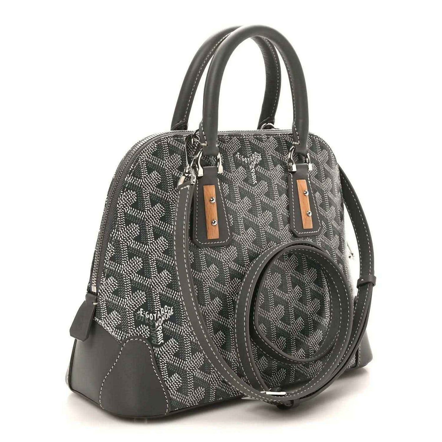 Grey coated canvas handbag with top handles, leather trim, and round side pouch detail.
