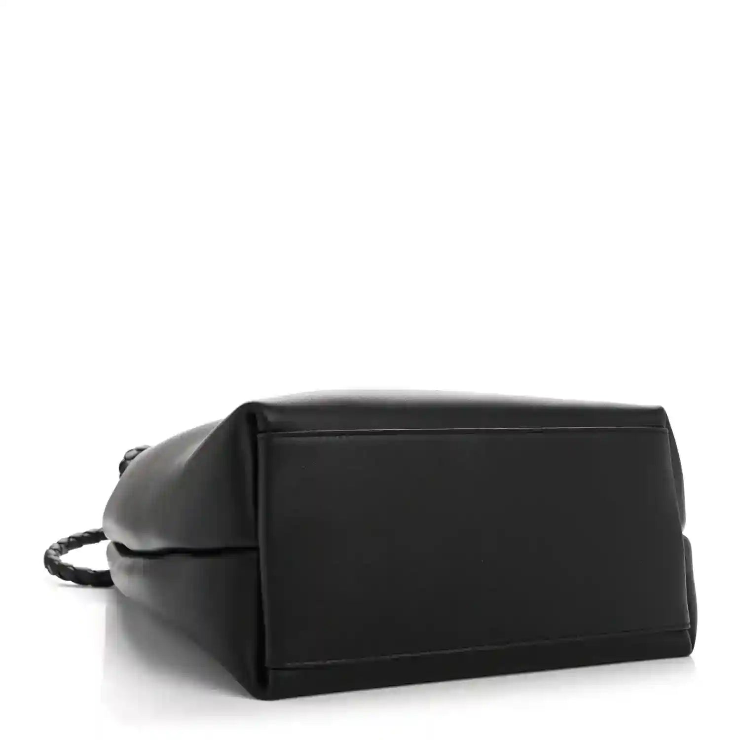 Black bucket bag with structured base and rectangular top frame