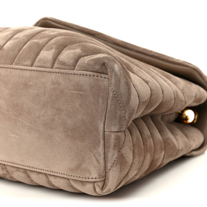 Taupe suede quilted satchel with stitched flap detail