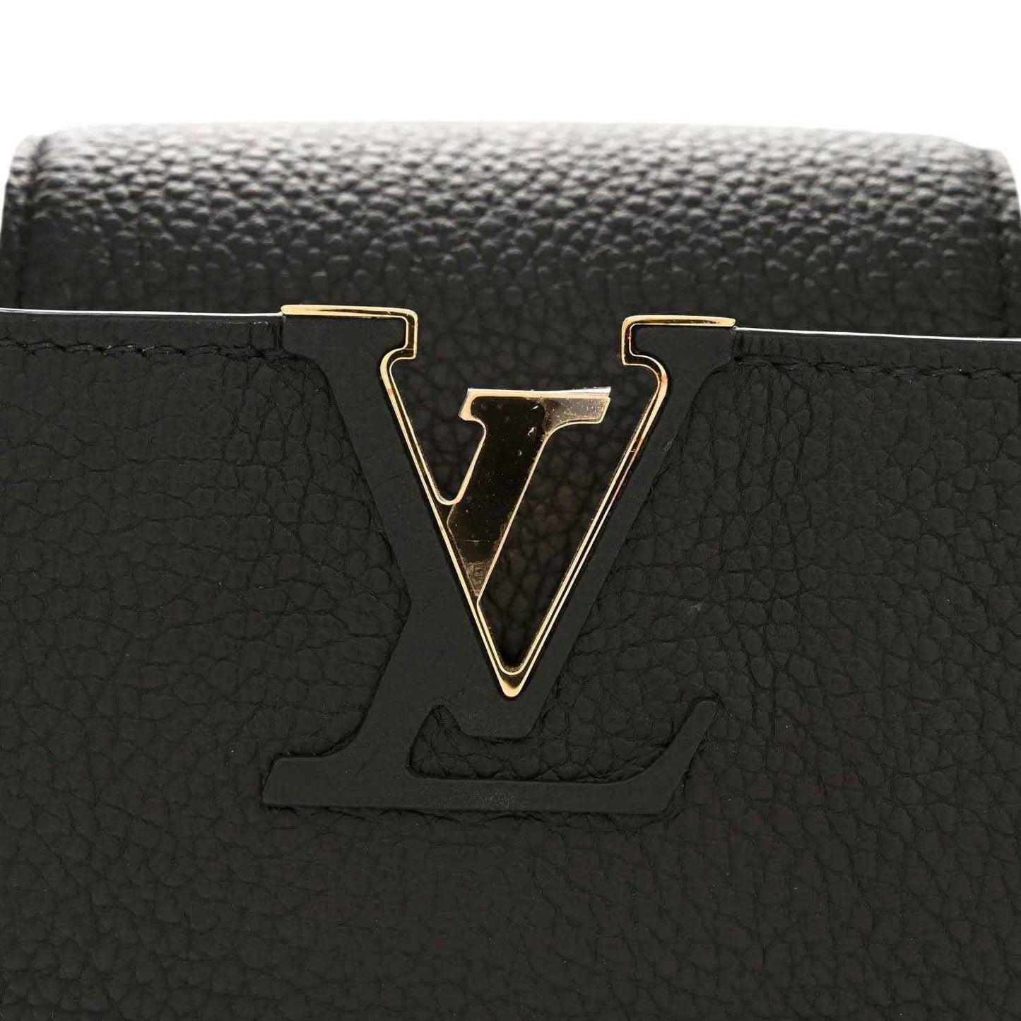 Louis Vuitton mini Capucines black leather handbag with gold V logo front