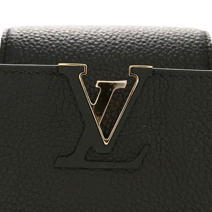 Louis Vuitton mini Capucines black leather handbag with gold V logo front