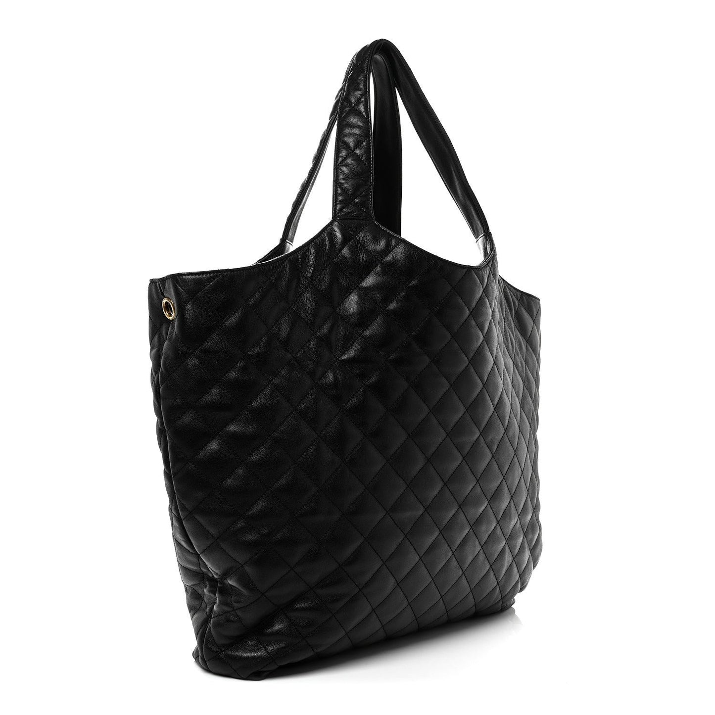 Black quilted leather tote with top handles and gold-tone hardware on side