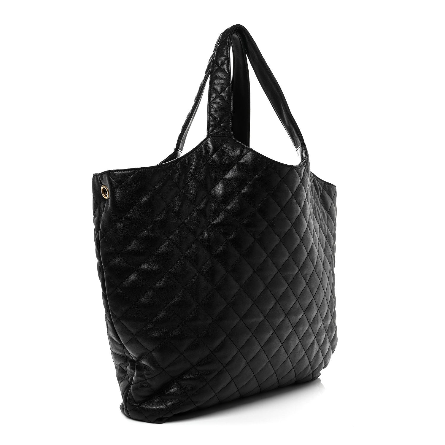 Black quilted leather tote with top handles and gold-tone hardware on side