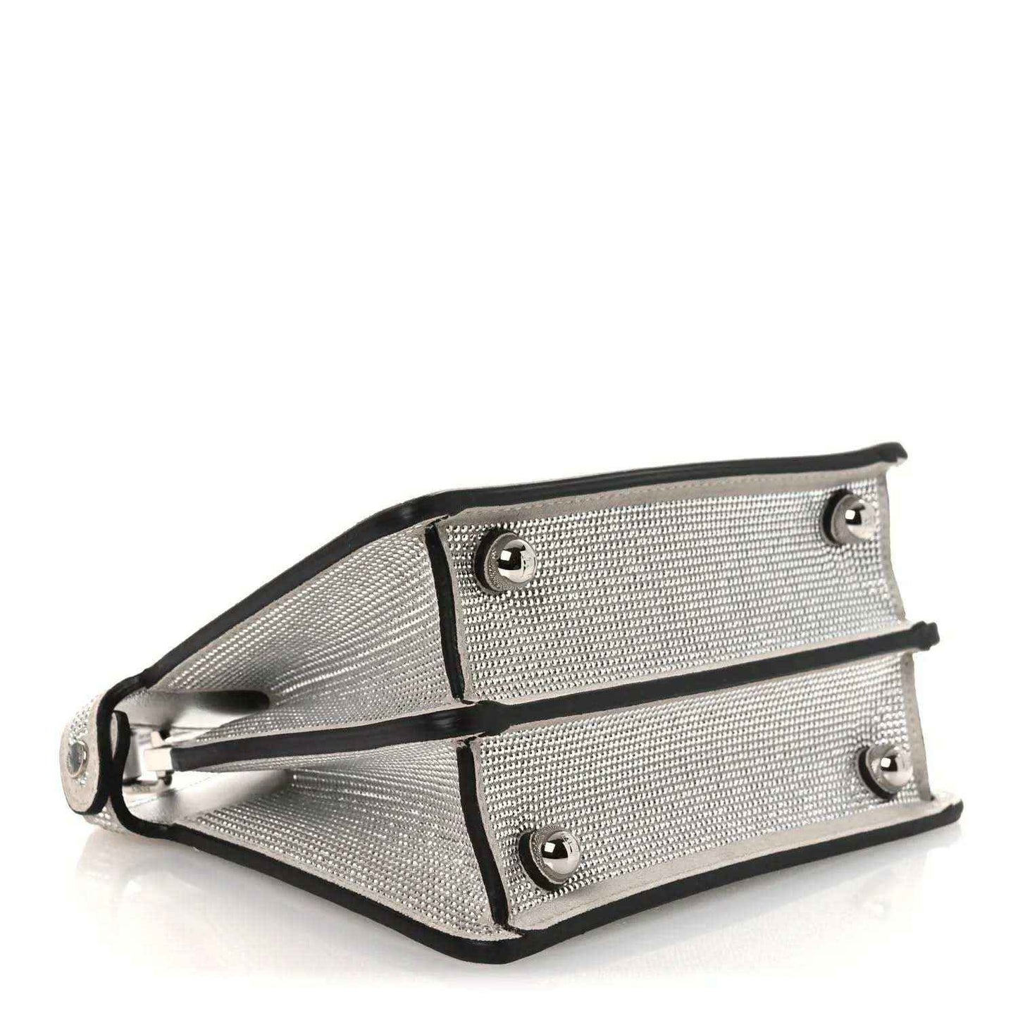 Silver crystal leather satchel base with black trim and snap hardware