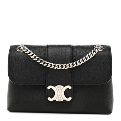 Black leather shoulder bag with chain strap and silver C logo clasp
