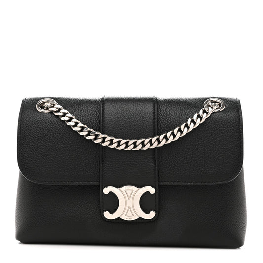 Black leather shoulder bag with chain strap and silver C logo clasp